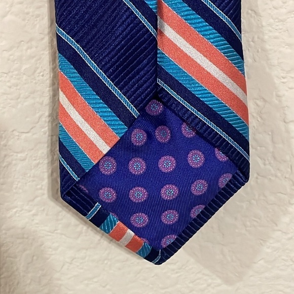 Ted Baker Men’s Neck Tie Blue & Orange 100% Italian Silk Diagonal Stripe Preppy - Picture 5 of 7